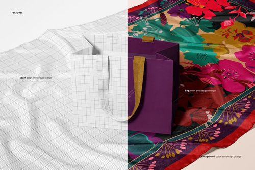 Habotai silk scarf and paper bag mockup set shown side by side, featuring grid pattern and vibrant floral design.