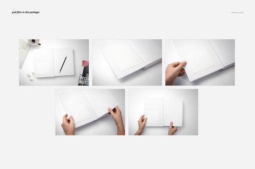 Set of five bookplate mockup scenes featuring open and closed white books on a clean, light background.