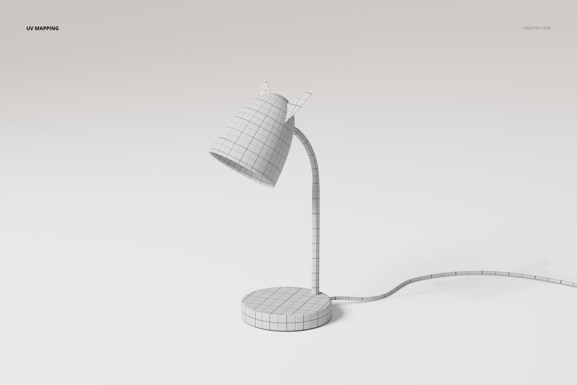 3D model of a kids desk lamp with cat ear details, shown in a wireframe view on a plain white background.