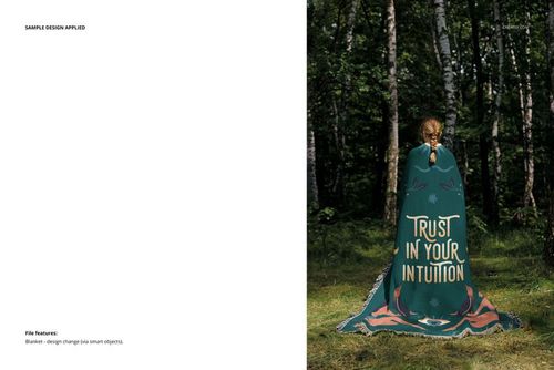 Mockup of a large fringed blanket with decorative print and text, shown wrapped around a figure in a woodland setting.
