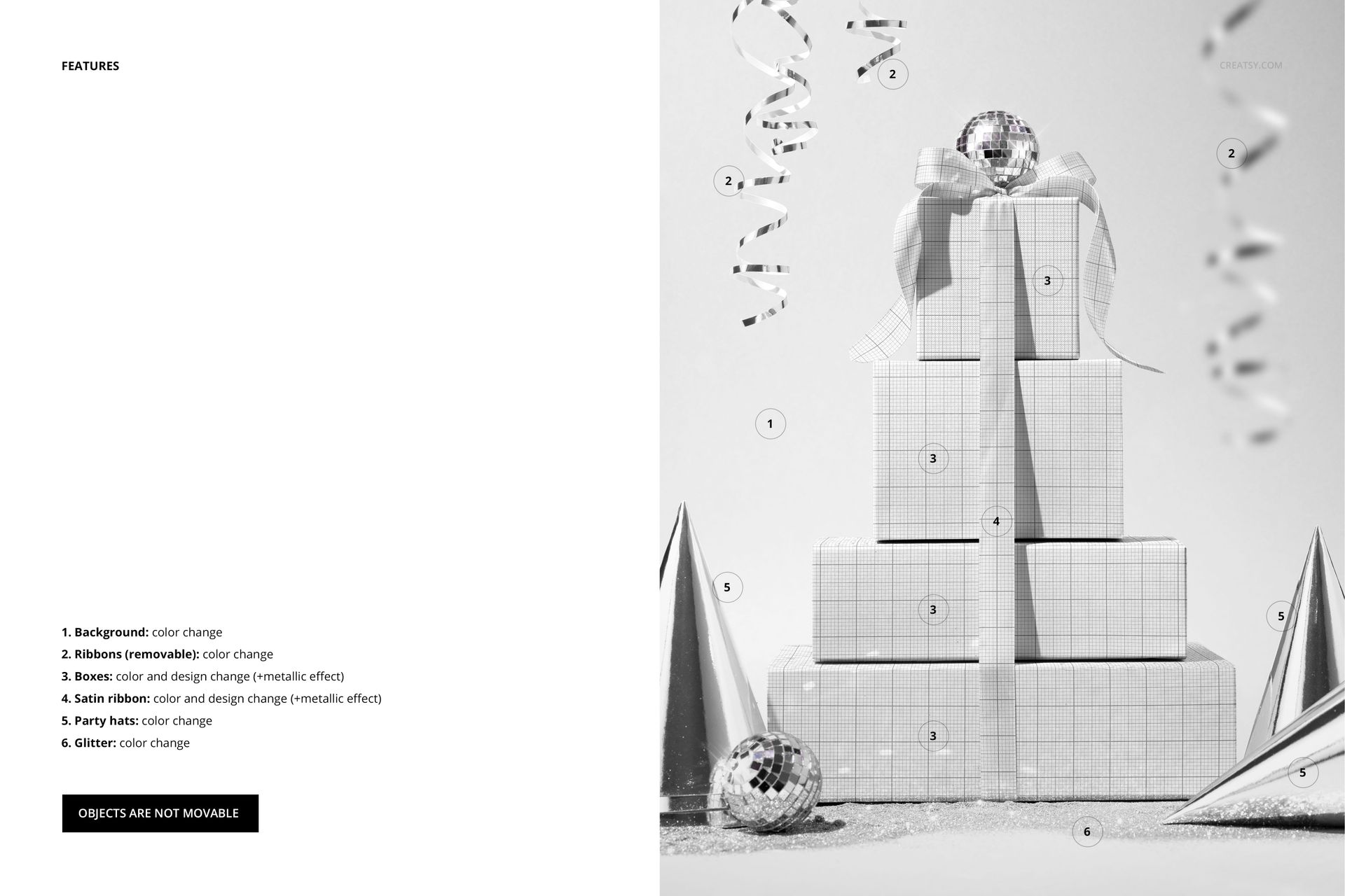 PSD mockup showing a group of square gift boxes with grid pattern and satin ribbon, decorated for a party scene.