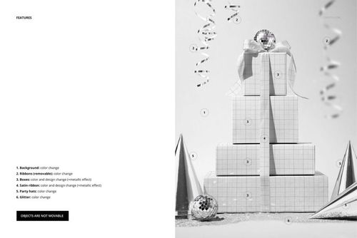 PSD mockup showing a group of square gift boxes with grid pattern and satin ribbon, decorated for a party scene.