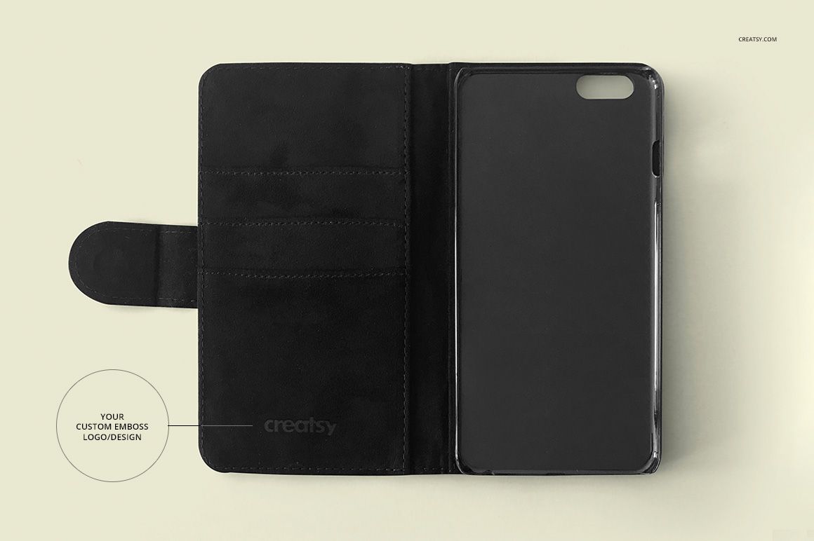 Foldable phone case mockup displayed open on a light background, showing card slots and phone compartment.