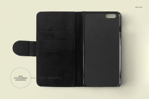 Foldable phone case mockup displayed open on a light background, showing card slots and phone compartment.