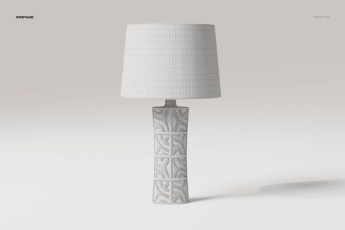 Front view of a decorative table lamp with a geometric patterned base and a plain, grid-textured lampshade on a light background.