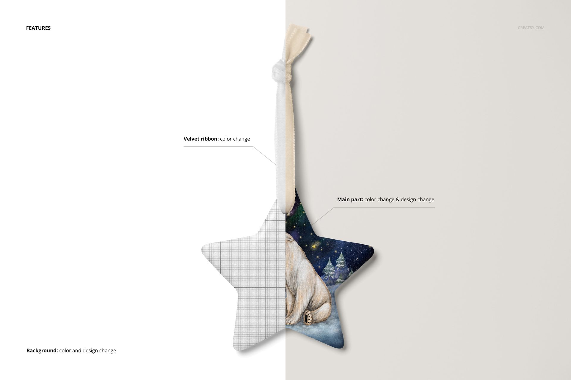 Star-shaped Christmas ornament mockup with a split design showing a festive animal illustration and editable grid pattern.