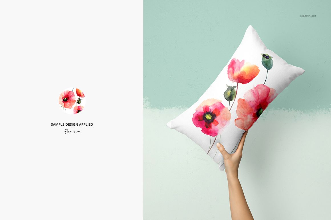 PSD mockup of a rectangular pillow with a floral pattern, displayed in front of a two-tone mint and white wall.