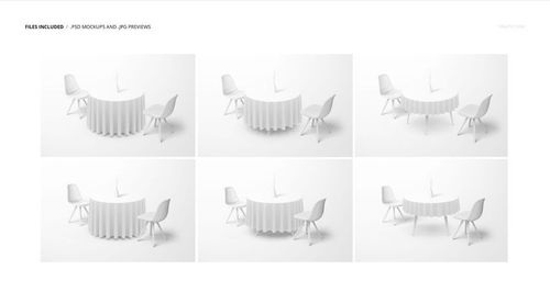 Round tablecloth mockup in white shown on a circular table with chairs, displayed in six different angles.