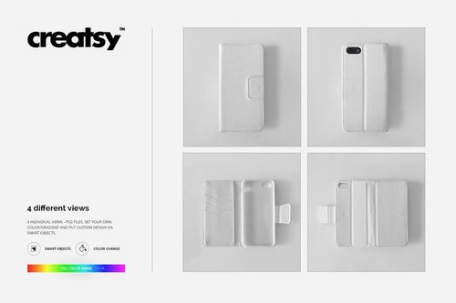 Leather wallet phone case mockup set showing four views, including closed and open positions on a white background.