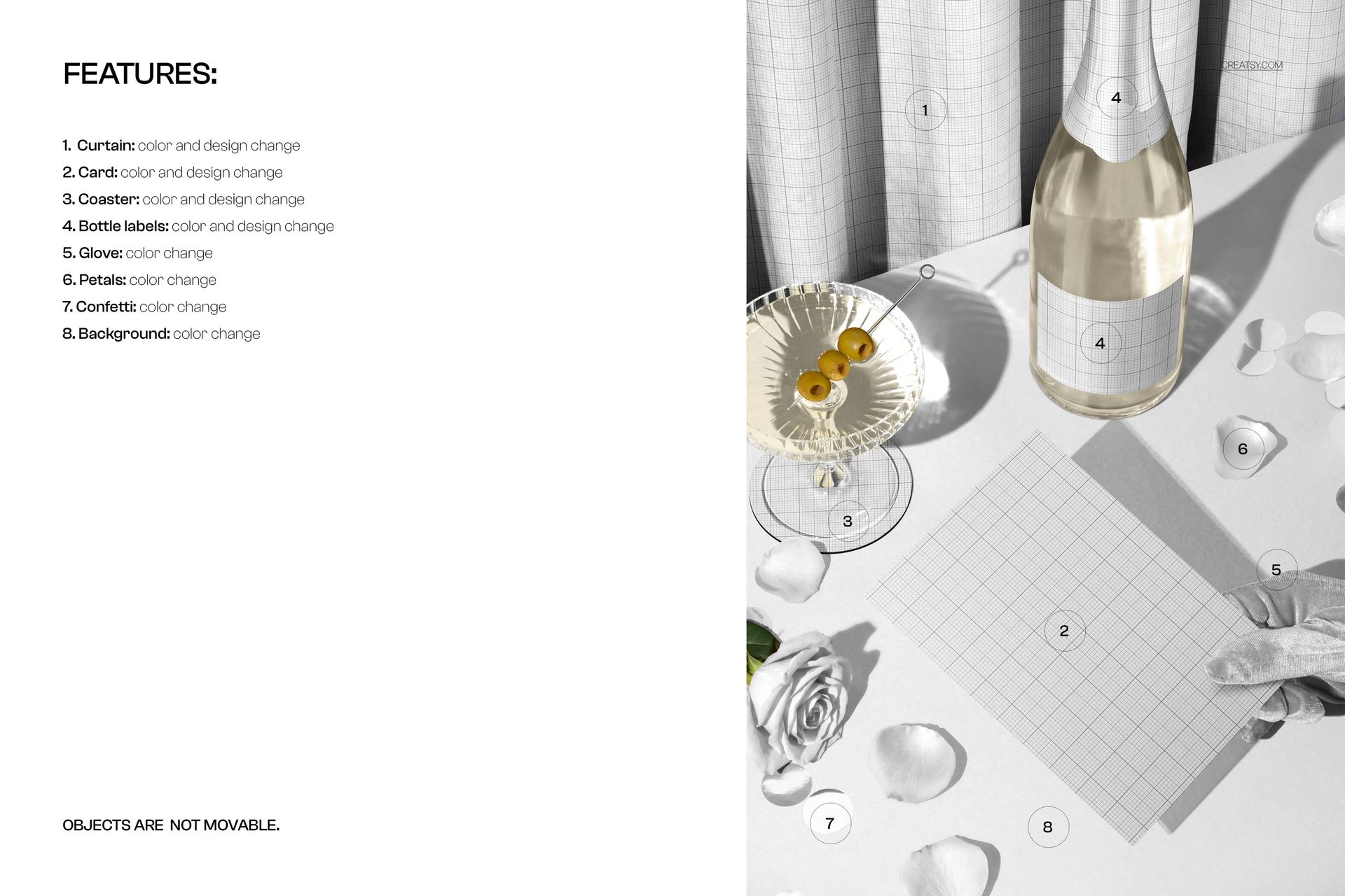 Front view of a Valentine’s Day greeting card mockup on a white table with a velvet curtain, bottle, glass, and scattered rose petals.