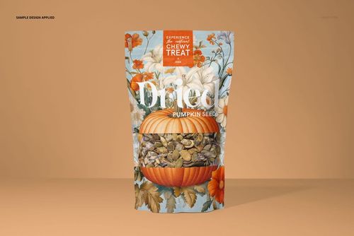 Front view of a paper pouch mockup with dried pumpkin seeds, featuring orange and white floral artwork on a beige background.