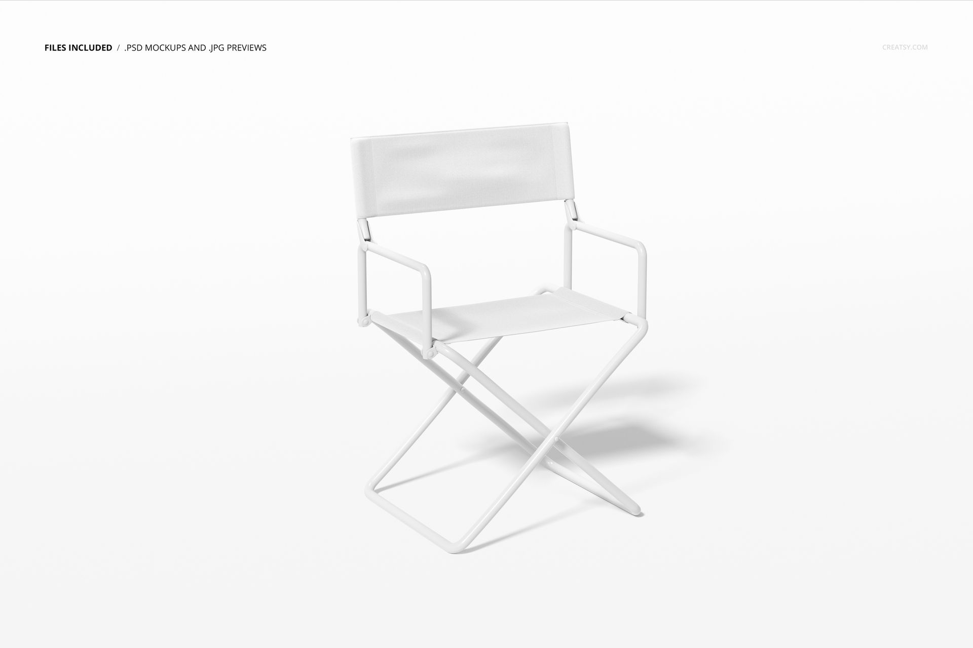 Front view of a minimalist director's chair mockup in white, featuring a canvas seat and backrest on a clean backdrop.