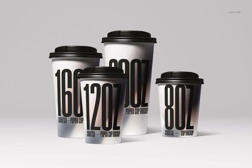 PSD mockup of drinkware cups in different sizes, displaying modern black typography and a minimal white scene.