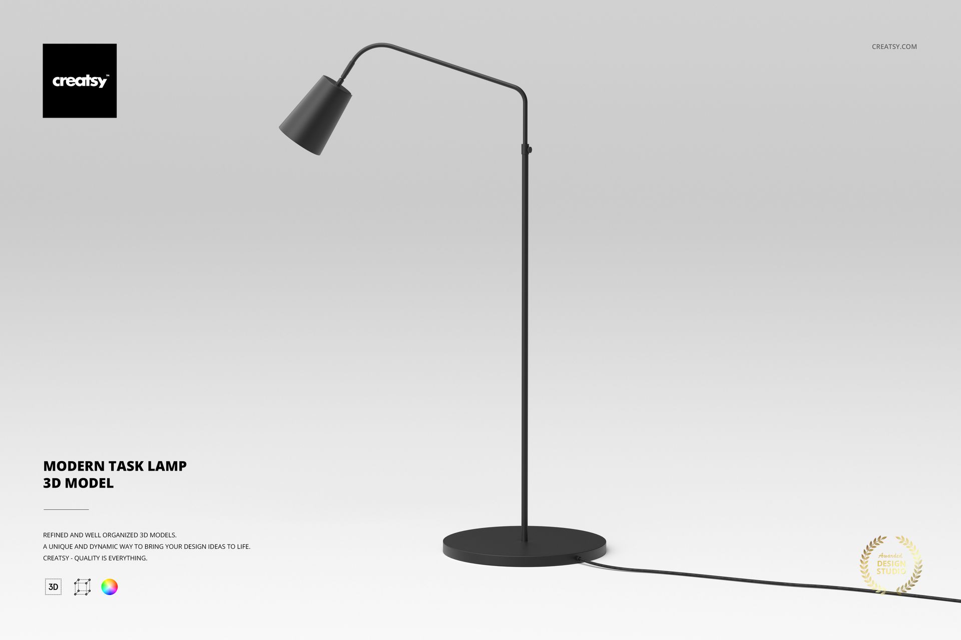 Minimalist black task lamp with angled shade and slender stand, shown on a plain light gray background, side view.