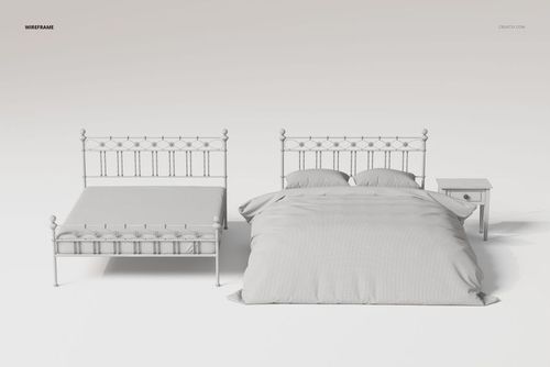 Front view of two vintage headboard beds in a wireframe style, one with bedding and pillows, next to a nightstand.