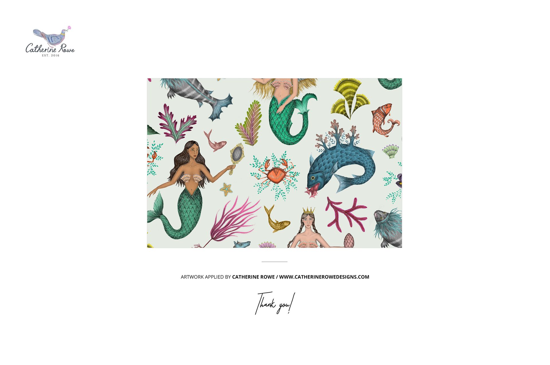 Swimsuit mockup featuring a colorful underwater pattern with mermaids, sea creatures, and coral on a light background.