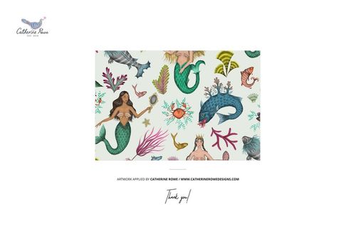 Swimsuit mockup featuring a colorful underwater pattern with mermaids, sea creatures, and coral on a light background.