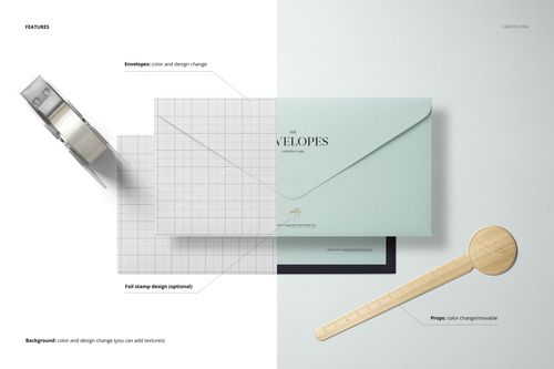 DL envelope mockup set featuring a light blue envelope, grid paper, and wooden prop on a split white background.