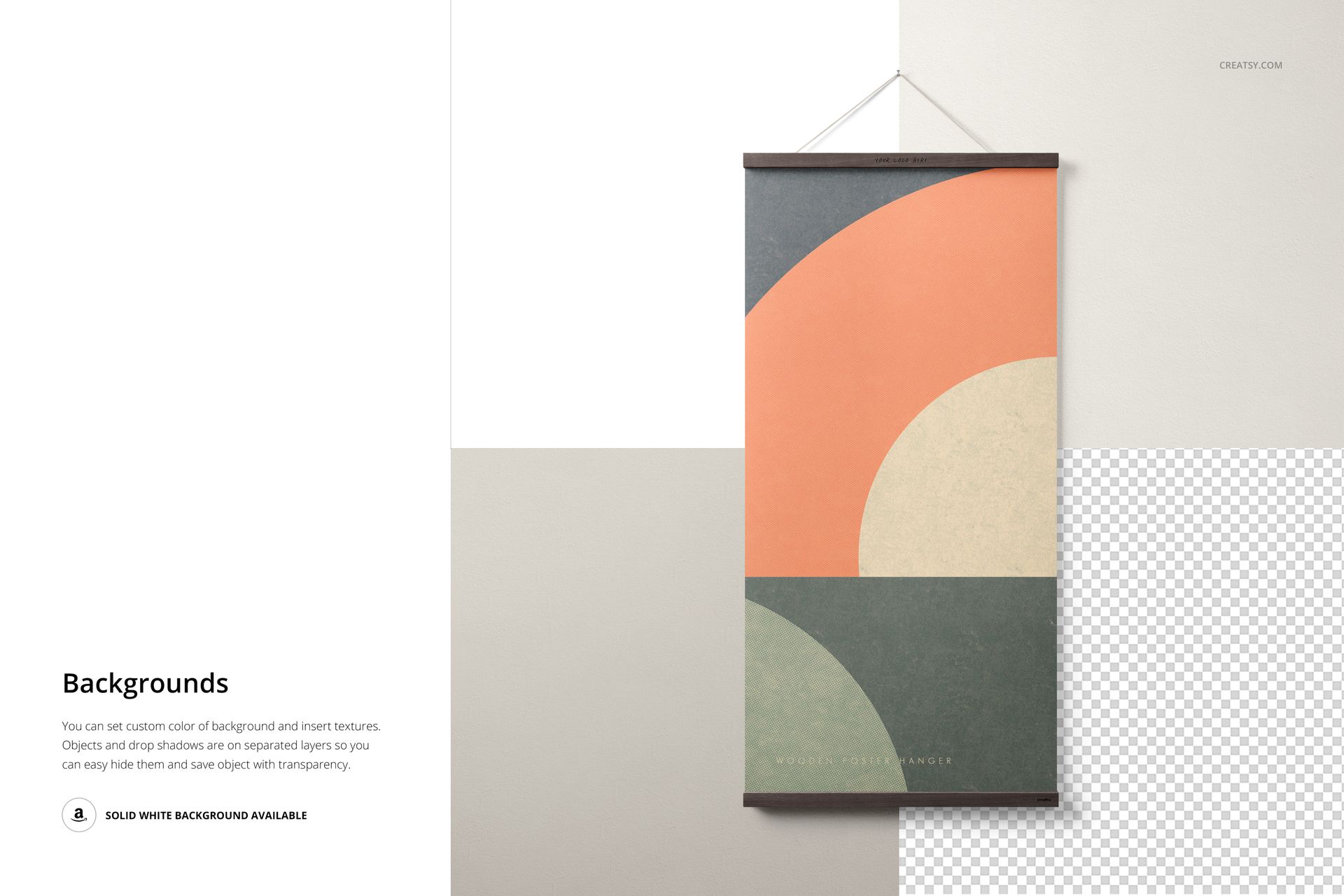 Rectangular poster mockup with wooden top and bottom hangers, featuring pastel abstract shapes, displayed on a light wall.