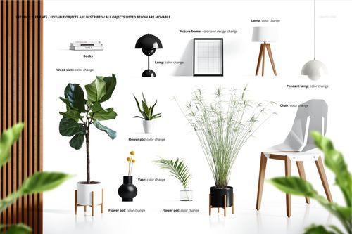 Front view of an aluminum metal print mockup scene featuring various potted plants, a white chair, and lamps on a white background.