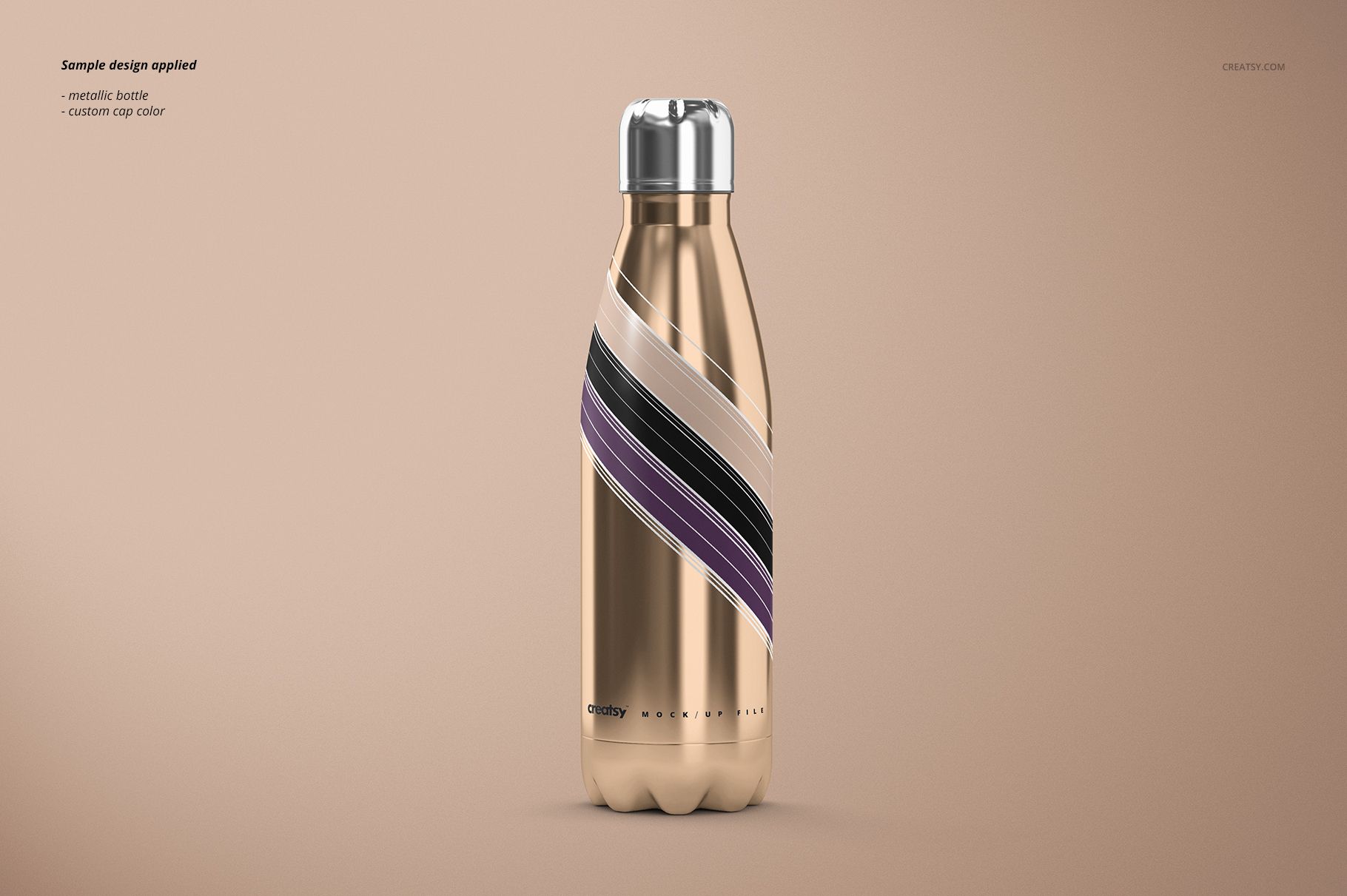 Insulated double wall vacuum bottle mockup in metallic tones with silver cap and abstract stripes, centered on neutral surface.