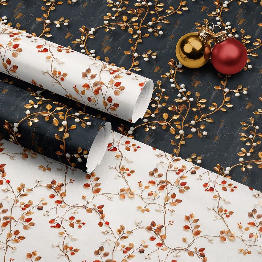 Wrapping paper rolls mockup featuring two rolled sheets with golden berry and leaf patterns on dark and light backgrounds, styled with Christmas ornaments.