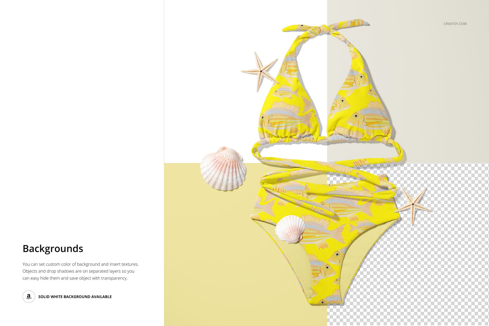 High waisted bikini mockup in yellow with fish pattern, displayed from above with shells and starfish on a split background.