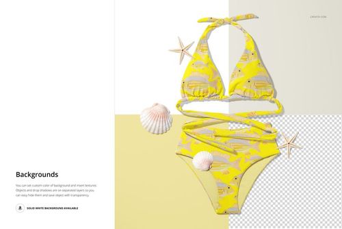High waisted bikini mockup in yellow with fish pattern, displayed from above with shells and starfish on a split background.