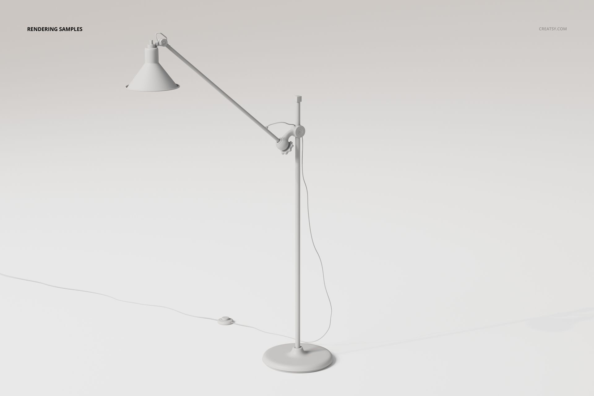Adjustable industrial floor lamp in matte white, shown from a side angle on a plain white background with visible cord.