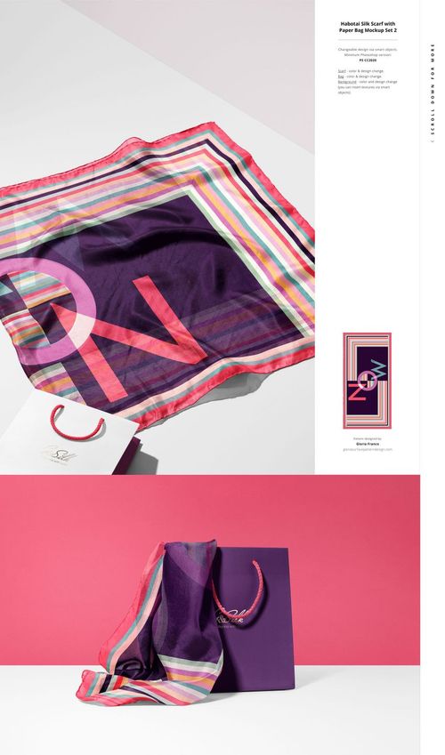 Striped habotai silk scarf mockup featuring a vibrant purple section, shown with a purple and pink shopping bag.