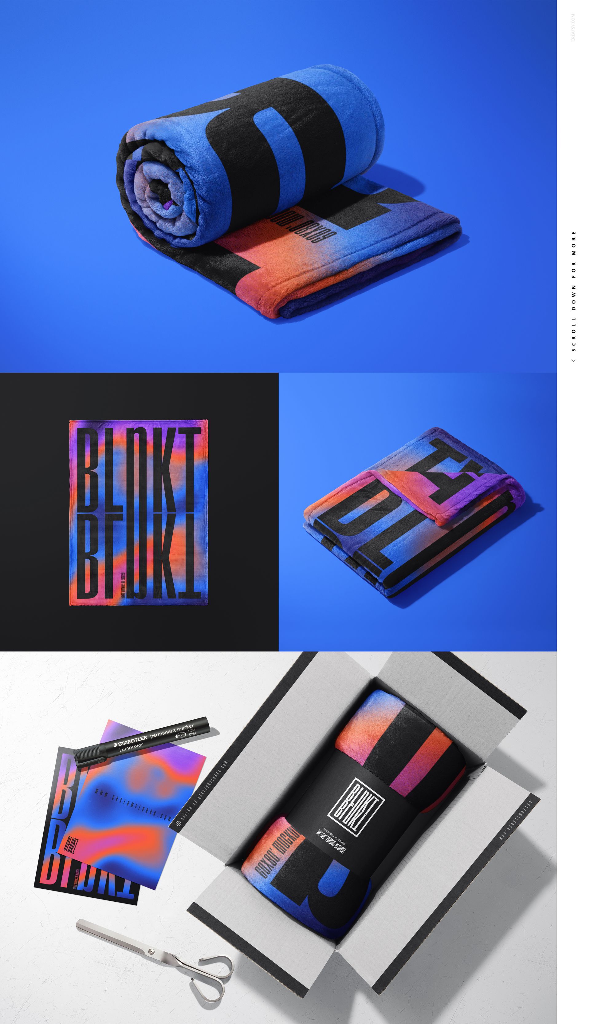 Fleece blanket mockup bundle featuring rolled and folded blankets with bold blue, black, and orange patterns.