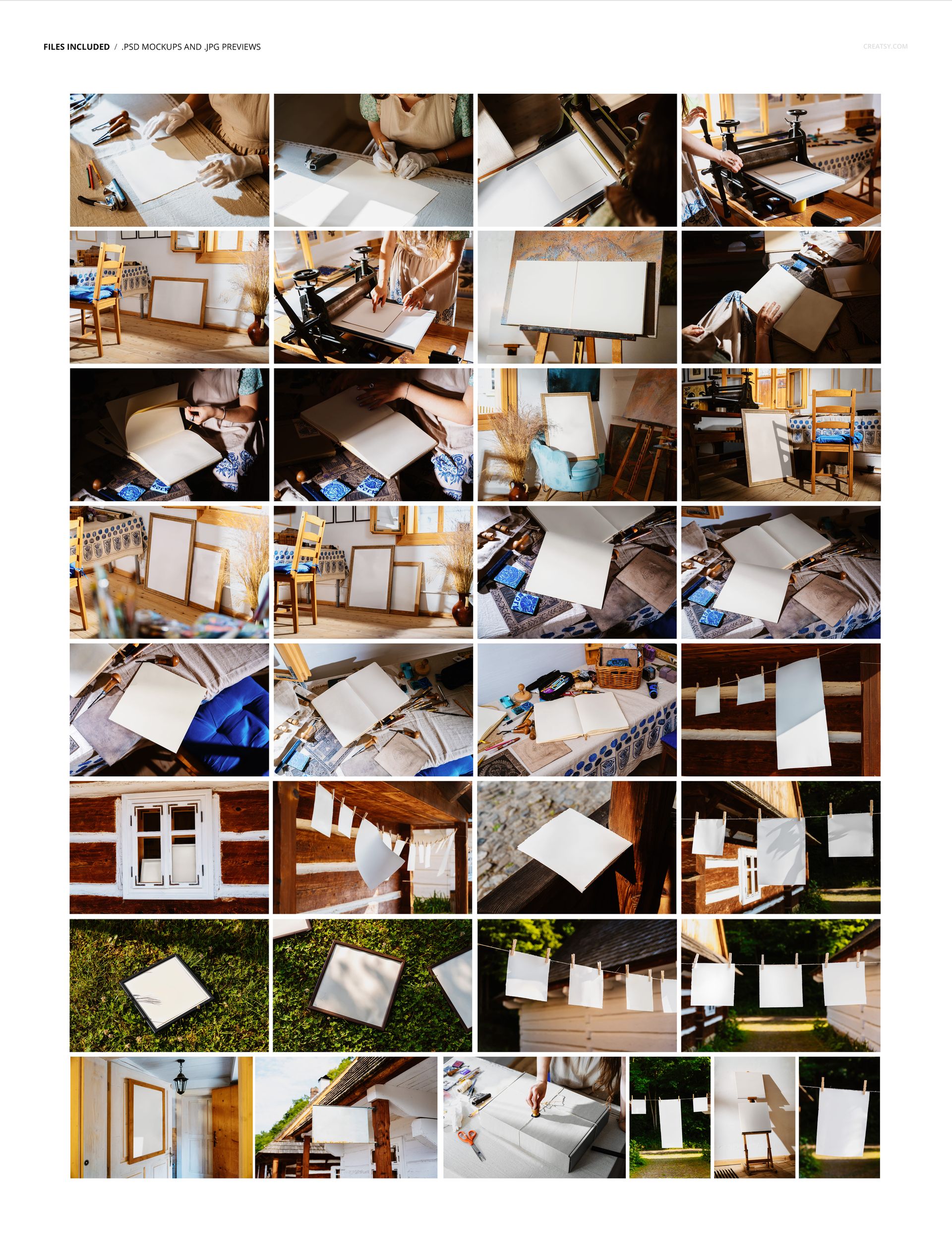 PSD mockup set showing empty prints and frames arranged on easels, benches, and clotheslines in a cozy folk-inspired environment.