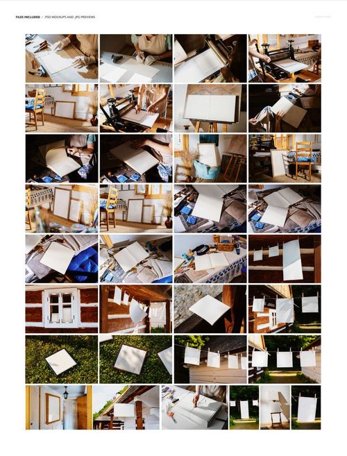 PSD mockup set showing empty prints and frames arranged on easels, benches, and clotheslines in a cozy folk-inspired environment.