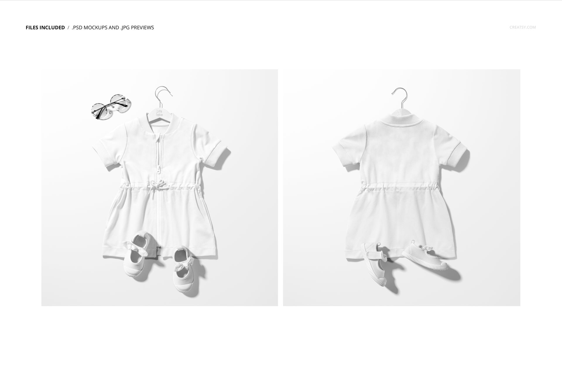 White baby dress mockup shown from both front and back angles, accompanied by shoes and sunglasses on a clean surface.