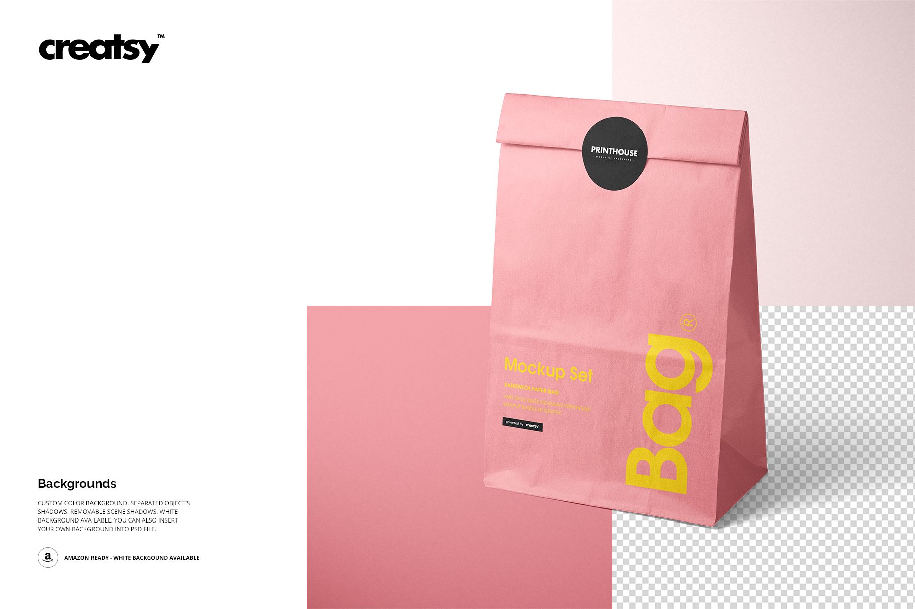 Front view of a pink lunch bag mockup with yellow text, displayed on a minimal background with white and pink sections.