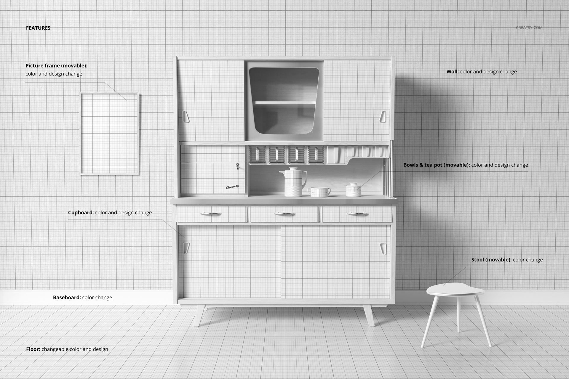 Front view of a kitchen cupboard mockup in a minimalist room, featuring grid lines and neutral white tones.