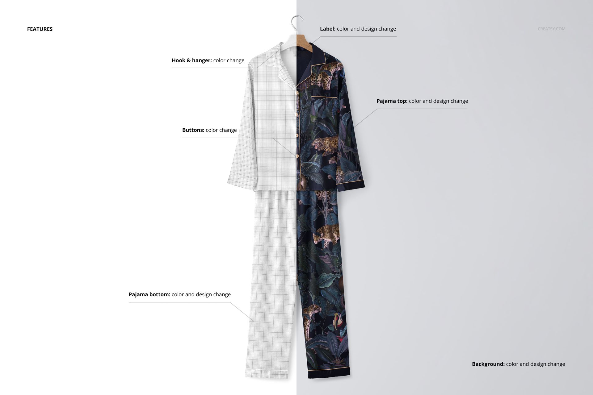 Front view of a silk long-sleeve pajama mockup set hanging on a wooden hanger, half in grid pattern and half with a dark floral and animal print.