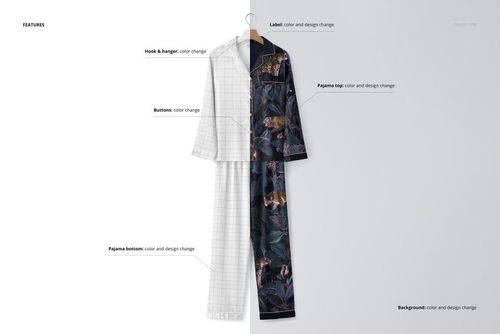 Front view of a silk long-sleeve pajama mockup set hanging on a wooden hanger, half in grid pattern and half with a dark floral and animal print.