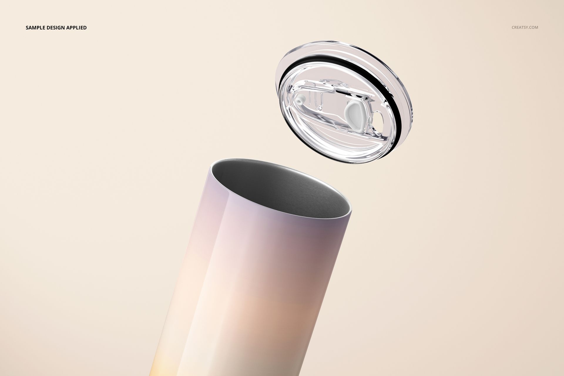 Skinny tumbler with a gradient design shown from an angled perspective, lid floating above the open top against a neutral background.