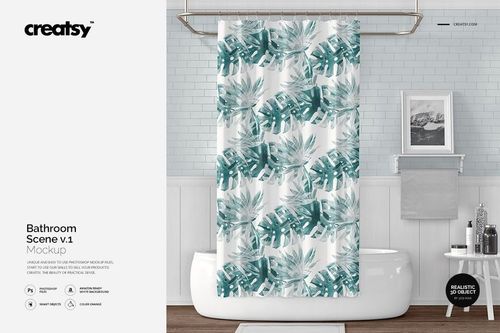 Bathroom scene featuring a white bathtub and a shower curtain with green tropical leaf pattern, front view mockup.