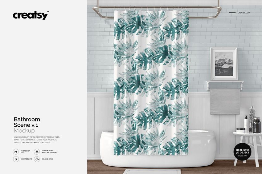 Bathroom scene featuring a white bathtub and a shower curtain with green tropical leaf pattern, front view mockup.