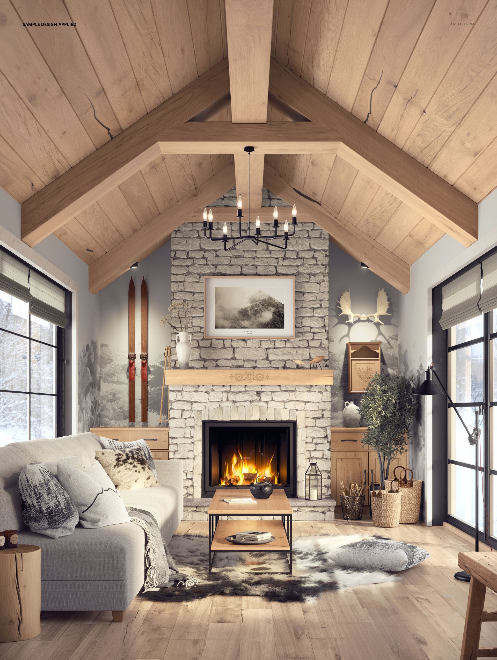 Scandinavian rustic living room mockup with timber beams, stone fireplace, cozy sofa, pillows, and glowing fire.