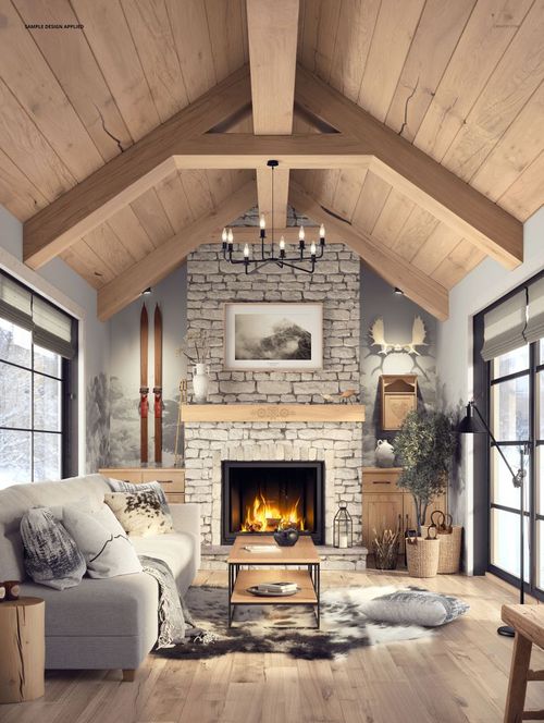 Scandinavian rustic living room mockup with timber beams, stone fireplace, cozy sofa, pillows, and glowing fire.