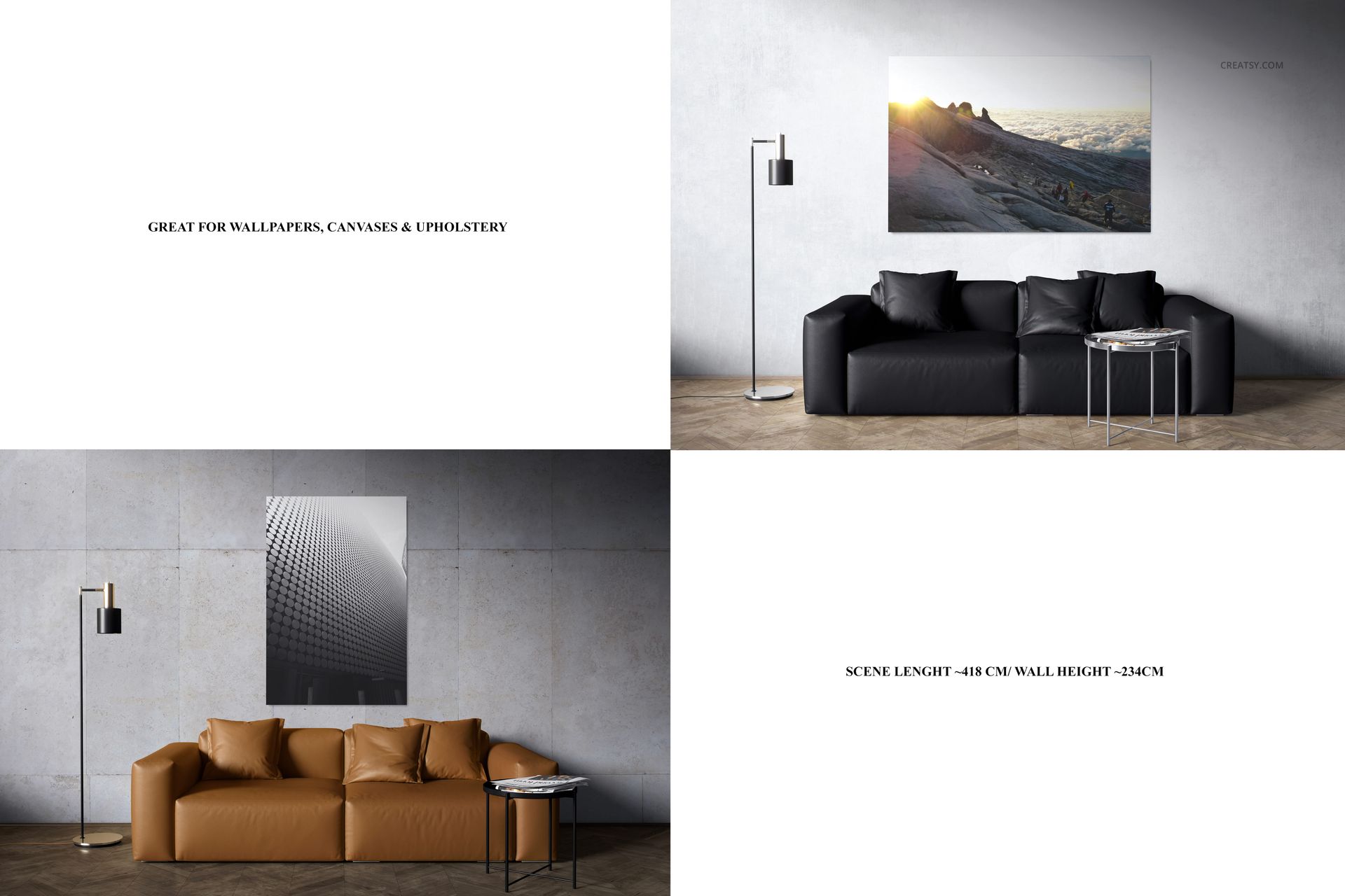Minimalist living room mockup featuring black and brown leather sofas, canvas prints on white and gray walls, and a floor lamp.