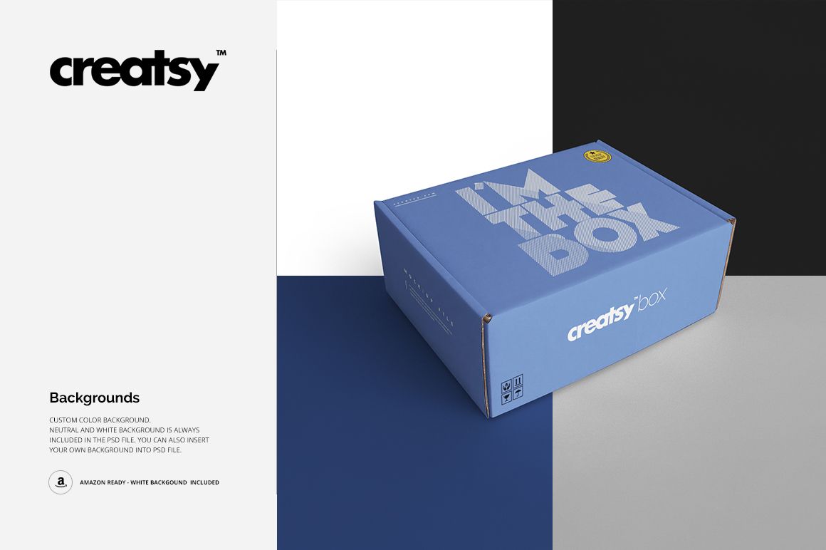 Blue mailing box mockup displayed at an angle, featuring bold white lettering and placed on a divided background.