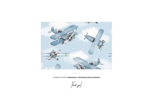 Seamless pattern featuring vintage blue airplanes flying among soft white clouds on a light blue background.