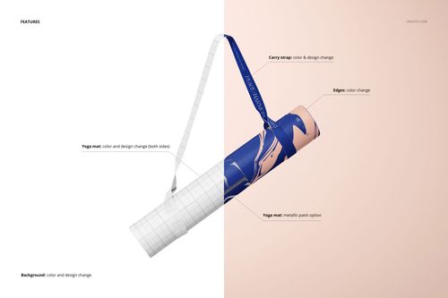 Yoga mat mockup displayed in a split scene, showing half with a grid pattern and half with a blue abstract design, front view.