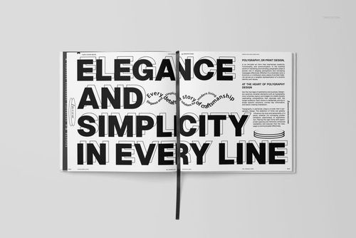 Open hardcover book mockup with bold black text and minimal graphics on white pages, viewed from above.