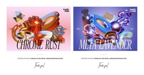 Outdoor edition mockup showing two wall art frames, each featuring colorful abstract metallic 3D shapes and gradients.