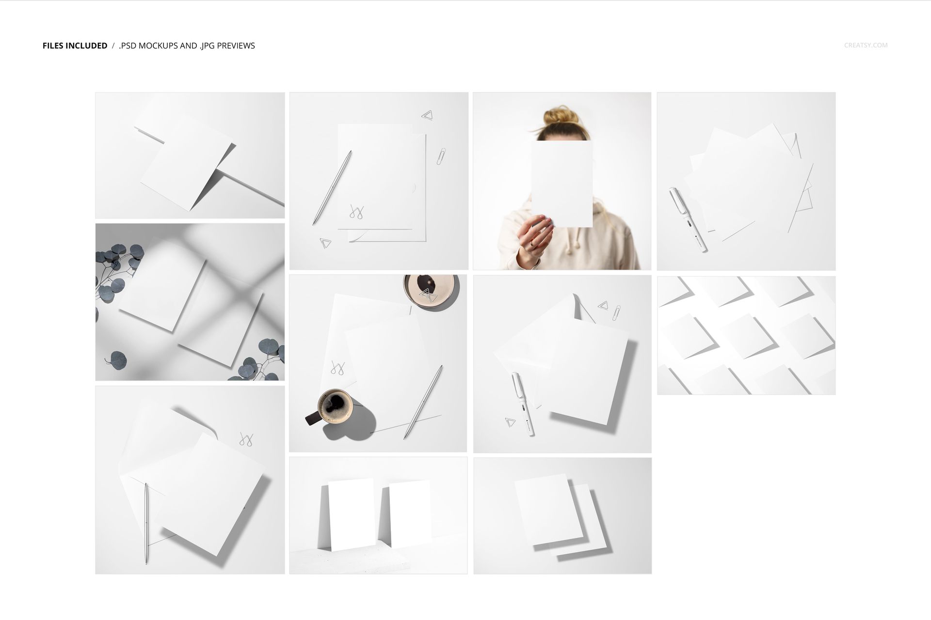 A5 cards mockup set featuring blank white cards in various arrangements, with props like pens, coffee mug, and coins.